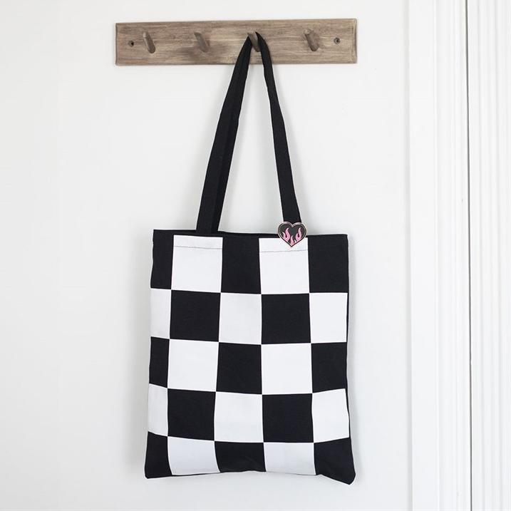 Checkerboard Print Polycotton Tote Bag with Enamel Heart Pin Badge