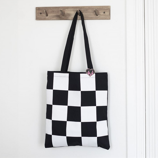 Checkerboard Print Polycotton Tote Bag with Enamel Heart Pin Badge