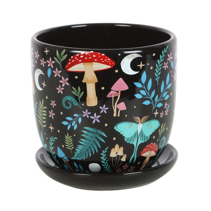 Dark Forest Print Ceramic Plant Pot with Saucer