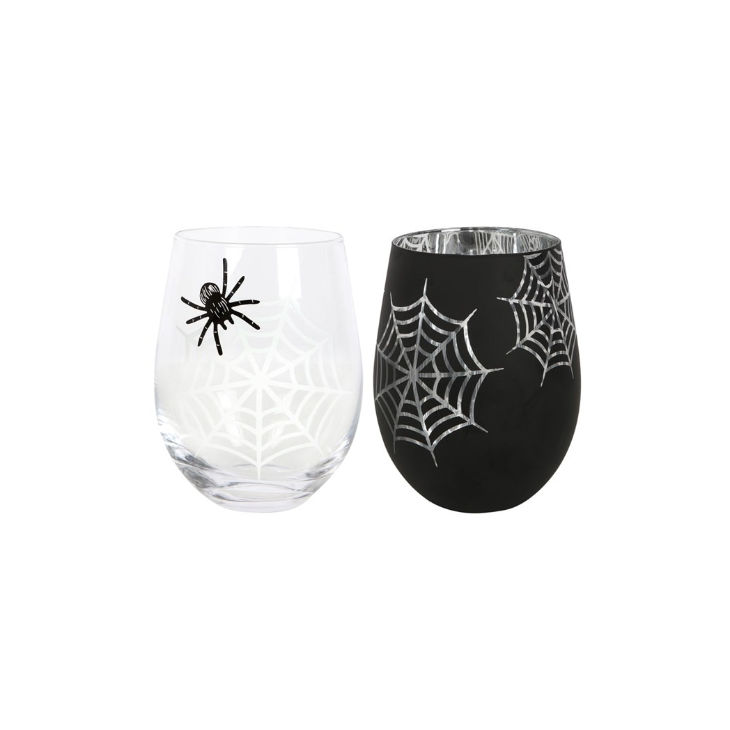 Set of 2 Spider and Web Stemless Wine Glasses