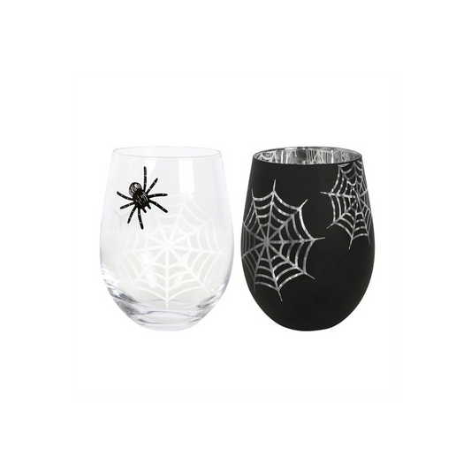 Set of 2 Spider and Web Stemless Wine Glasses